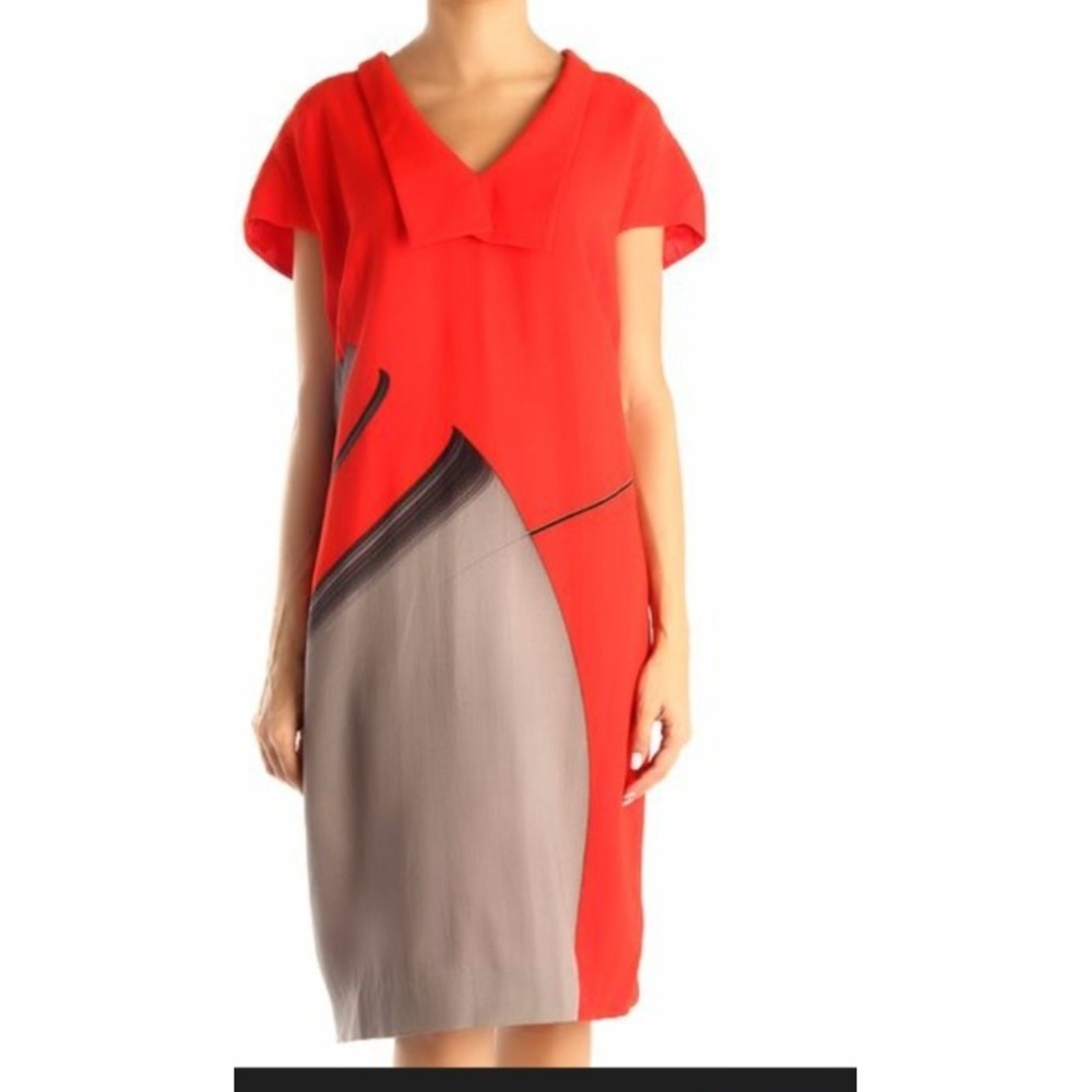 Akris Dress Size 4 Red Gray Black Colorblock Wool Silk Lining Sheath